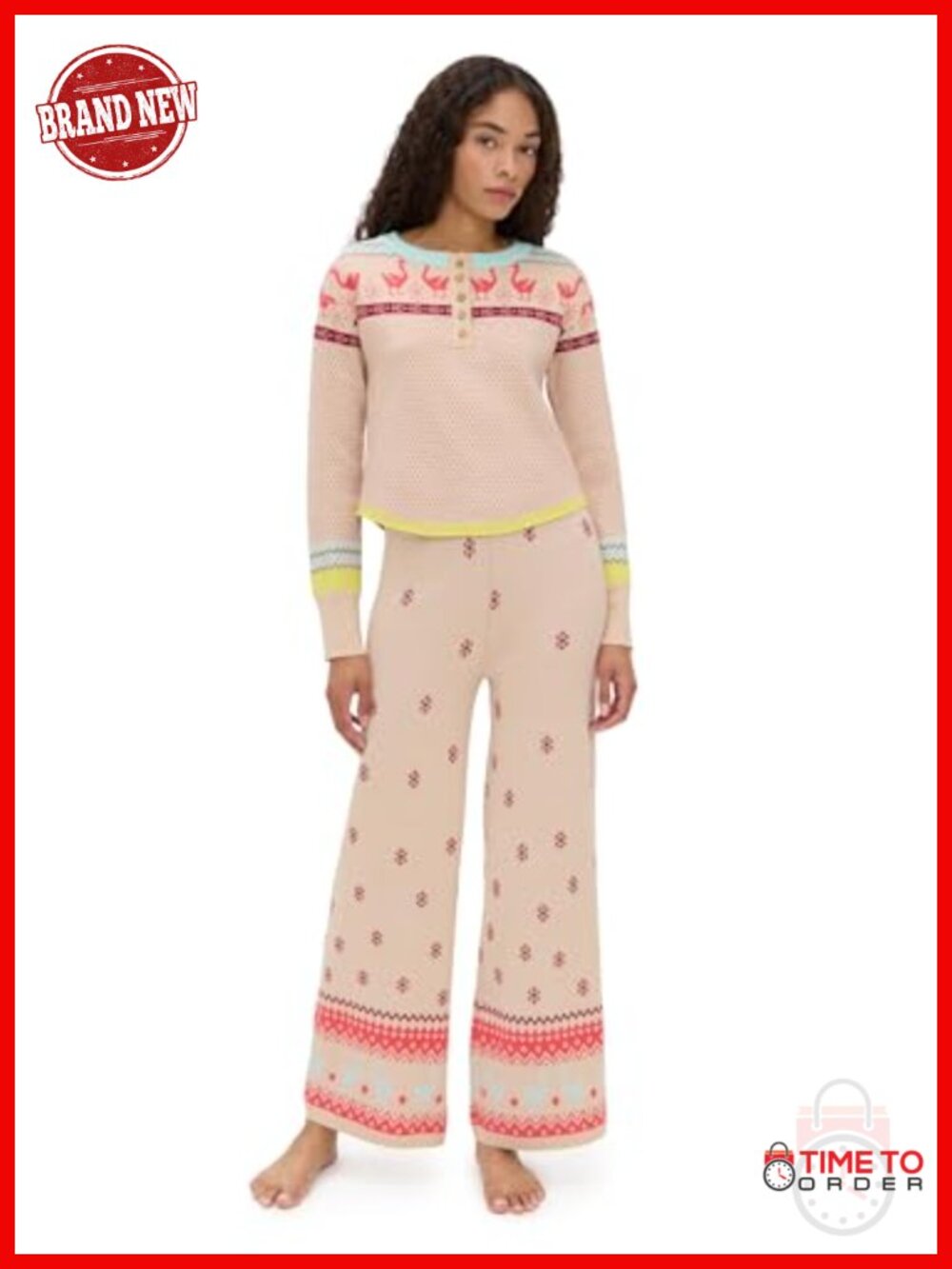 Fair Isle Knit Long Sleeve Pajama Set Lounge Sleepwear Ankle Length
